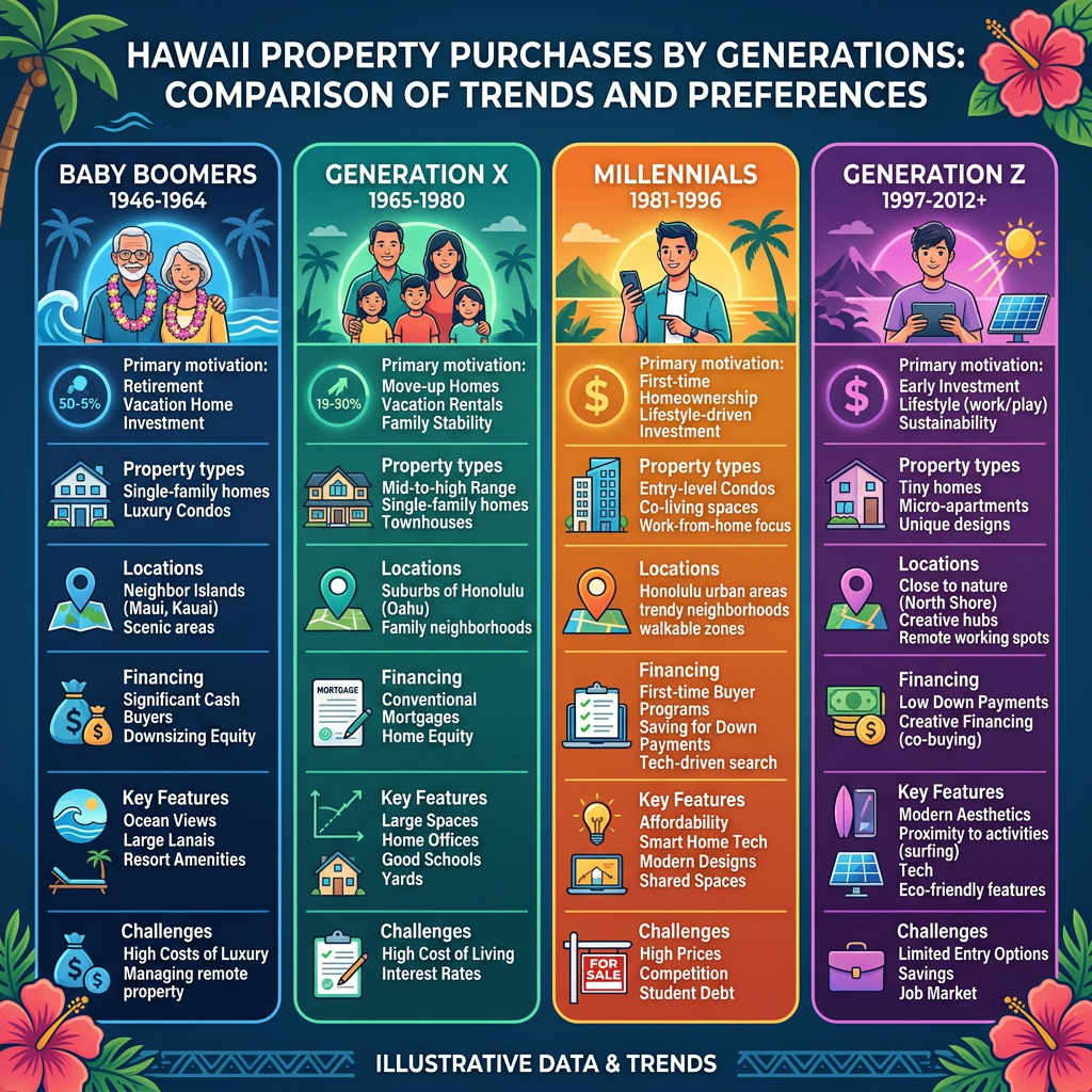 Comparison of property purchases in Hawaii by Baby Boomers, Generation X, Millennials, and Generation Z showing motivations, property types, locations, financing, key features, and challenges.